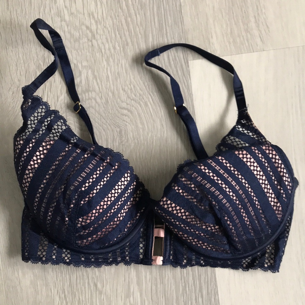 VICTORIAS SECRET DEMI PADDED LACE BRA BLUE PUSH UP ANGELS 34C